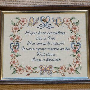 Vintage Cross Stitch Embroidered Framed 16" x 12.5" Needles N Hoops Set It Free